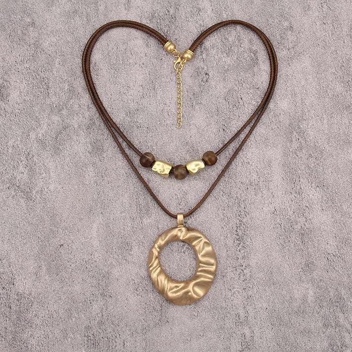 Boho Necklaces for Women Chunky Circle Necklace Layered Boho Circle Leather Choker Necklace Long Vintage Necklaces Bohemian Jewlery Gifts