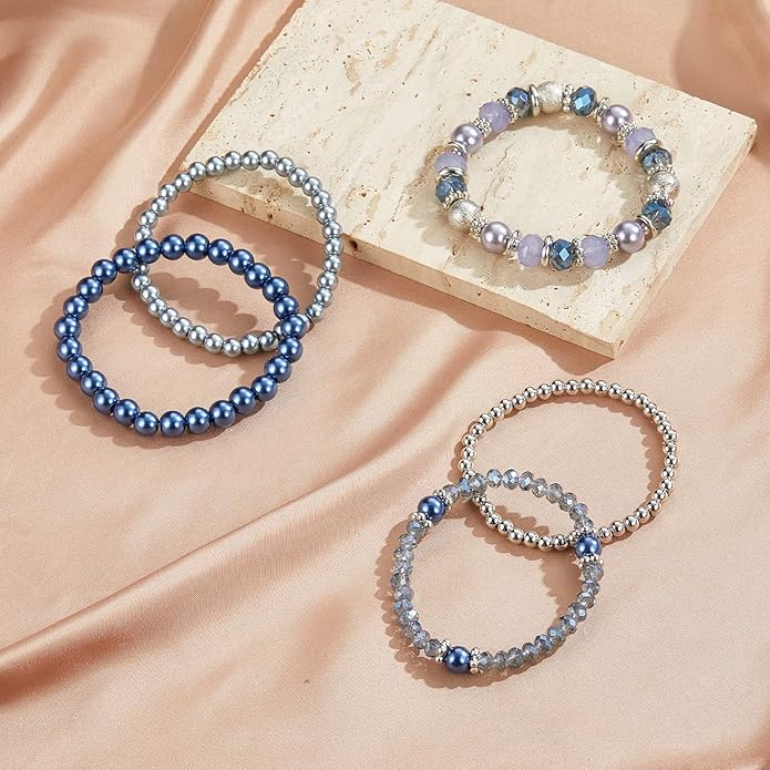 Noessla Beaded Pearl Stretch Bracelet Silver Stackable Crystal Beads Bracelets Trendy Costume Jewelry Mothers Day Gifts for Women