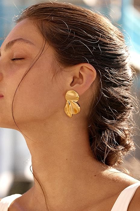 Chunky Gold Statement Earrings For Women Gold Plated Sectored Flower Leaf Shell Angel Wing Earrings Trendy Boho Jewelry For Women Large Stud Earrings Hypoallergenic Earrings