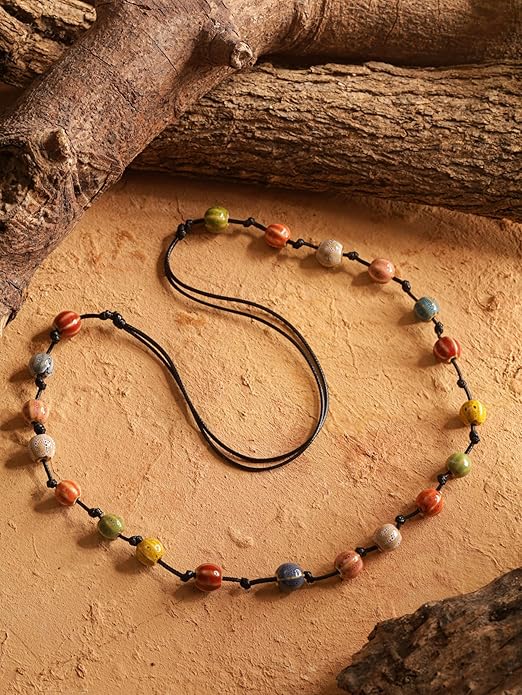 MINACHI Hippie Bohemian Colorful Ceramic Bead Long Strand Necklace, Boho Hippie Beach Summer Statement Jewelry Gift for Women