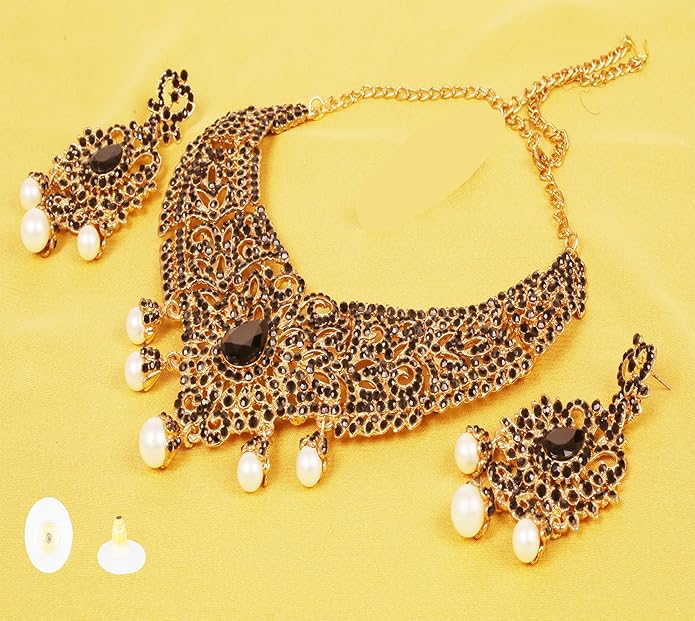 Touchstone Indian jewelry sets for women tikka wedding necklace costume guest statement bollywood rhinestones crystal faux pearls gold big royal neck piece set bridal fashion accessories