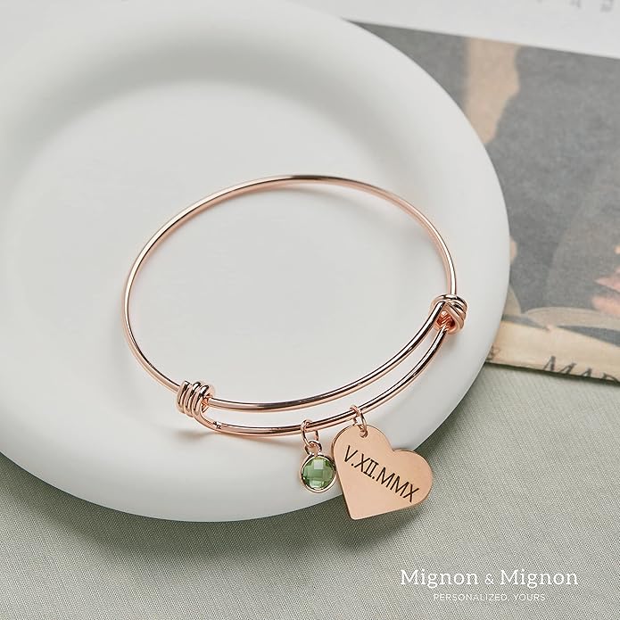 MignonandMignon Heart Birthstone Bracelet Personalized Gift for Her Family Birthstone Jewelry Customized Bangle - ABR-LH-BS