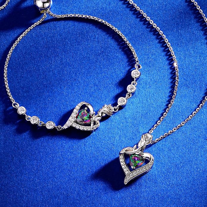 AGVANA Valentines Day Gifts Rosy Reverie Birthstone Bracelet for Women Sterling Silver Genuine or Created Gemstone Tennis Bracelet Rose Heart Jewelry Anniversary Birthday Gifts for Women Mom Wife Her