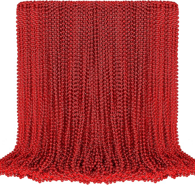 100 PCS Red Mardi Gras Beads, Red Beads Necklaces Christmas Necklaces 33" Metallic Beaded Costume Necklaces Party Necklaces for Valentines Christmas Parade Throws Wedding Birthday Party Favors