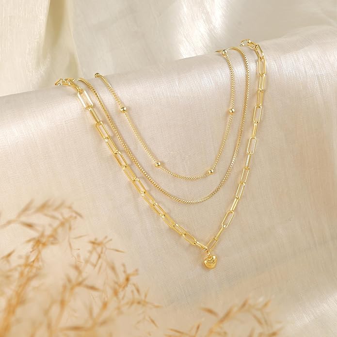 Layered Necklaces for Women,Dainty 14k Gold Plated CZ Layered Choker Necklace for Women Trendy Non Tarnish Hypoallergenic Beaded Paperclip Chain Necklace Stack Women's Minimalist Gold Jewelry Gifts
