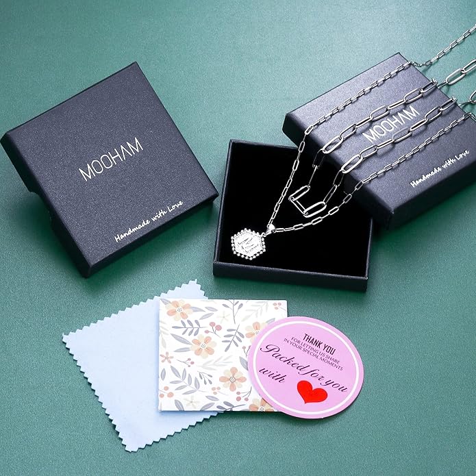 M MOOHAM Valentines Gifts for Women Teen Girls, 14K-Gold-Plated Initial Necklaces for Women Cute Hexagon Letter Initial Necklace Layered Necklaces for Womens Teen Girl Valentines Jewelry Gifts