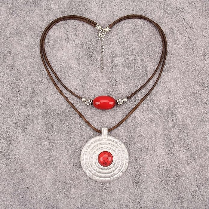 Boho Necklaces for Women Chunky Circle Necklace Layered Boho Circle Leather Choker Necklace Long Vintage Necklaces Bohemian Jewlery Gifts