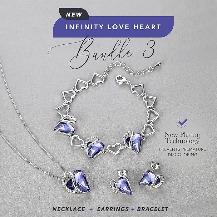 Leafael Valentine's Day Gift Necklaces for Women, Infinity Love Birthstone Heart Crystal Pendant, Birthday Anniversary Jewelry for Wife, Mom, and Her, Silver Plated, 18" + 2" Adjustable Chain
