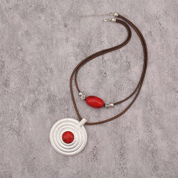 Boho Necklaces for Women Chunky Circle Necklace Layered Boho Circle Leather Choker Necklace Long Vintage Necklaces Bohemian Jewlery Gifts