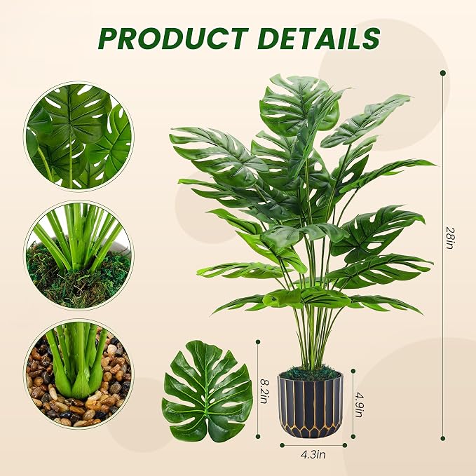 Der Rose 28" Fake Plants, Monstera Plant in Black Gold Pot - Image 3