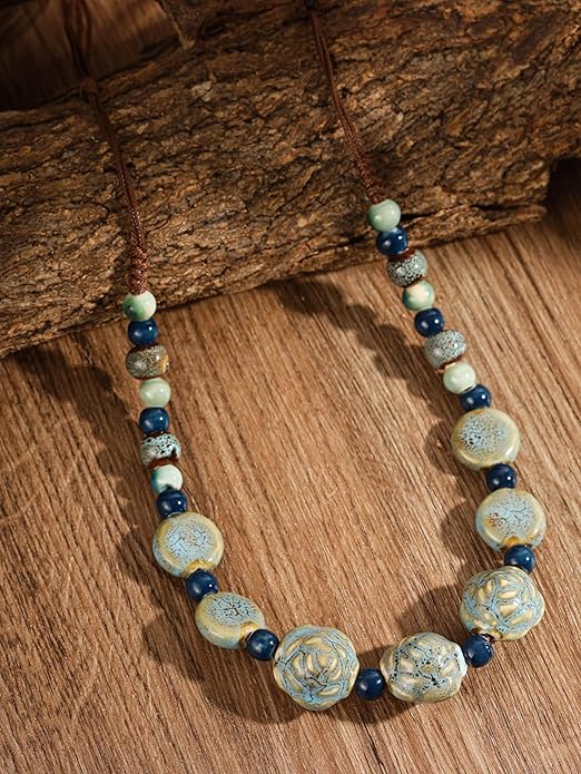 MINACHI Boho Hippie Round Ceramic Beads Strand Necklace, Vintage Bohemian Summer Beach Jewelry Gift for Women