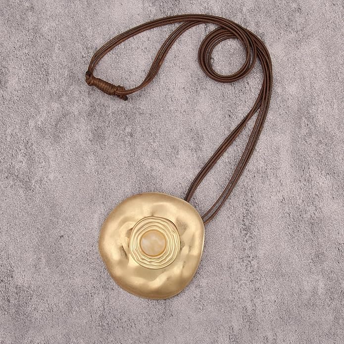 GelConnie Leather Necklace for Women Large Pendant Long Brown Necklace Circle Leather Choker Vintage Sweater Necklace Gold Chunky Boho Necklaces for Women