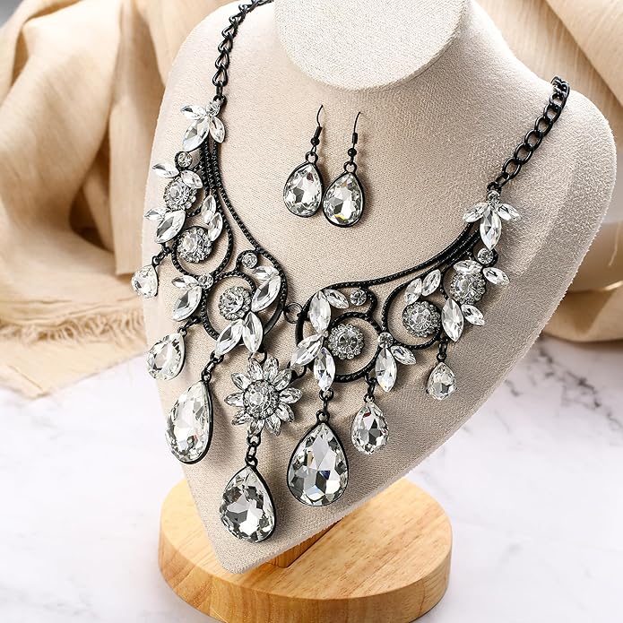 BriLove Women's Tribal Ethnic Crystal Chunky Statement Necklace Dangle Earrings Set