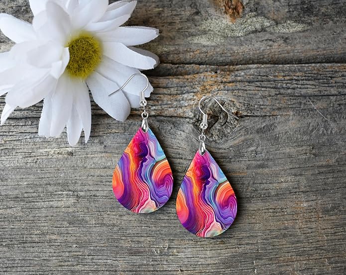 Teardrop Wood Earrings Light Weight Printed Image Dangle Jewelry, Fun and Funky Earrings