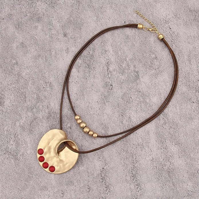Boho Necklaces for Women Chunky Circle Necklace Layered Boho Circle Leather Choker Necklace Long Vintage Necklaces Bohemian Jewlery Gifts