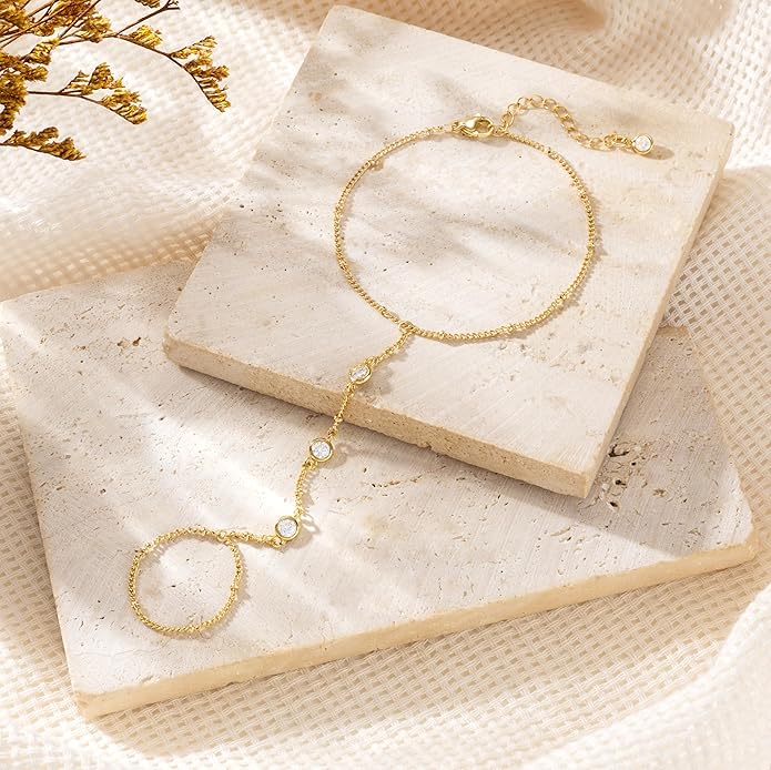 CHESKY 14K Gold Plated Hand Chain Bracelets for Women Set - Dainty Finger Ring Bracelet Stack Adjustable Hand Chains Durable Beaded Bracelets Trendy Simple Body Jewelry Gift for Women