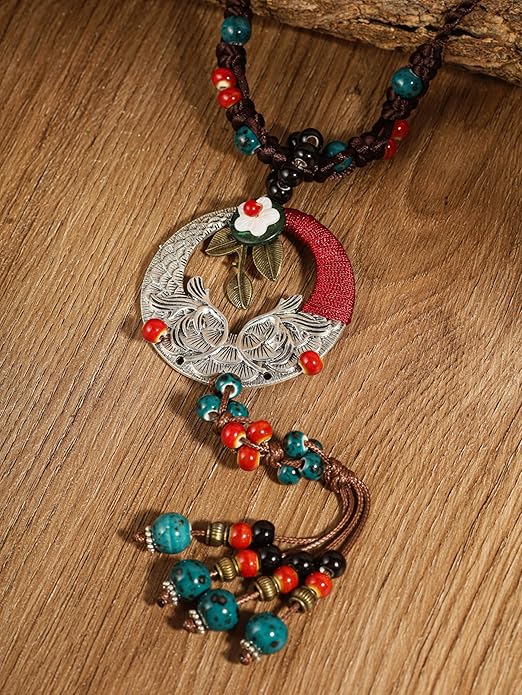 MINACHI Boho Hippie Colorful Ceramic Beads Strand O Ring Circle Charm Long Y Necklace, Vintage Bohemian Statement Jewelry Gift for Women