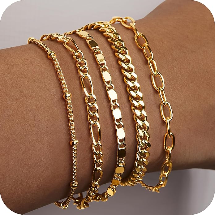 Gold Bracelets Set for Women Non Tarnish Trendy,14K Gold Plated Dainty Stackable Paperclip Cuban Link Chain Bracelets, Simple Cute Cuff Bracelets Jewelry Set Adjustable 7"+2"