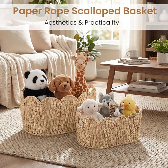 iEGrow Paper Rope Scalloped Basket, Cute Boho Oval Baby Baskets - Image 3