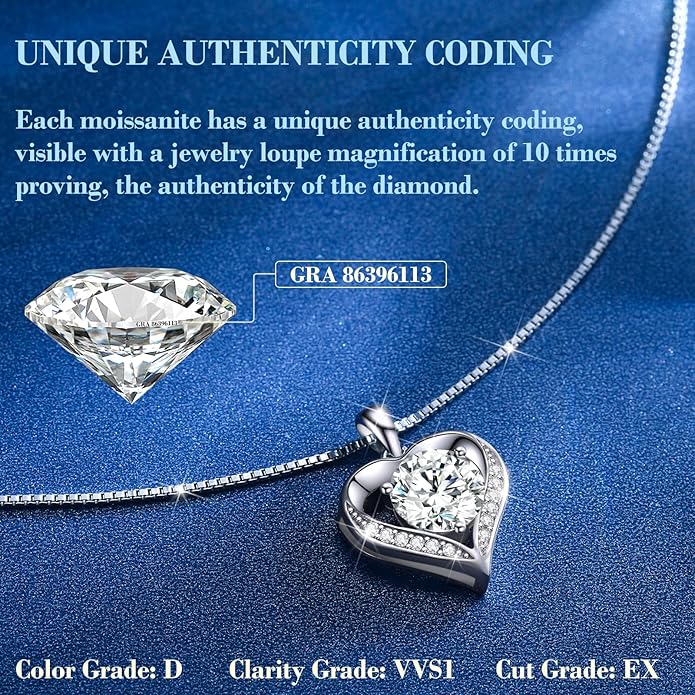 Moissanite Necklace for Women, 1-3 Carat Heart Necklace Engraved with 'I LOVE YOU', Birthday Gift for Wife, Anniversary Present for Wife Women, Jewelry Gifts for Valentine's Day