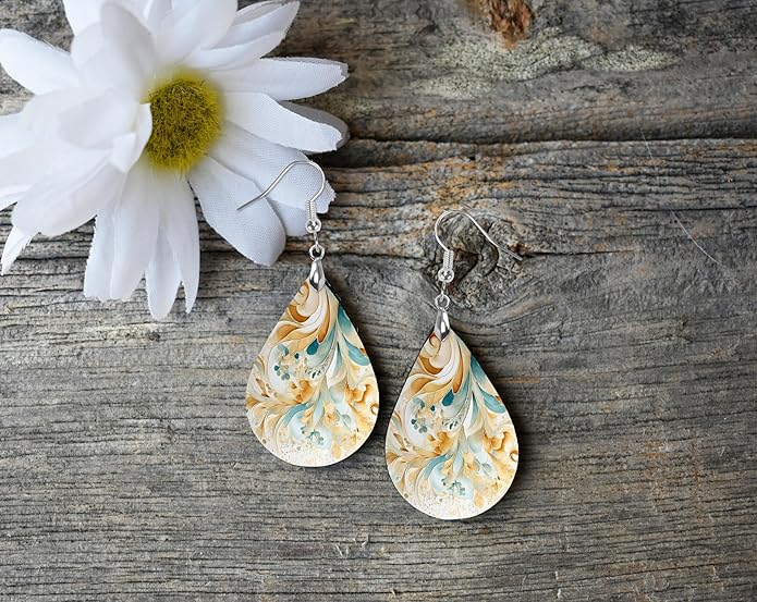 Teardrop Wood Earrings Light Weight Printed Image Dangle Jewelry, Fun and Funky Earrings