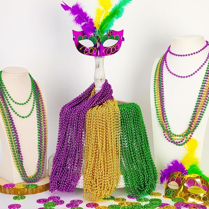 144PCS Mardi Gras Beads, Mardi Gras Green Purple Gold Metallic Necklaces Accessories Bulk, Mardi Gras Beads Necklace Costumes for Parade Throws Party Decorations Favor Supplies