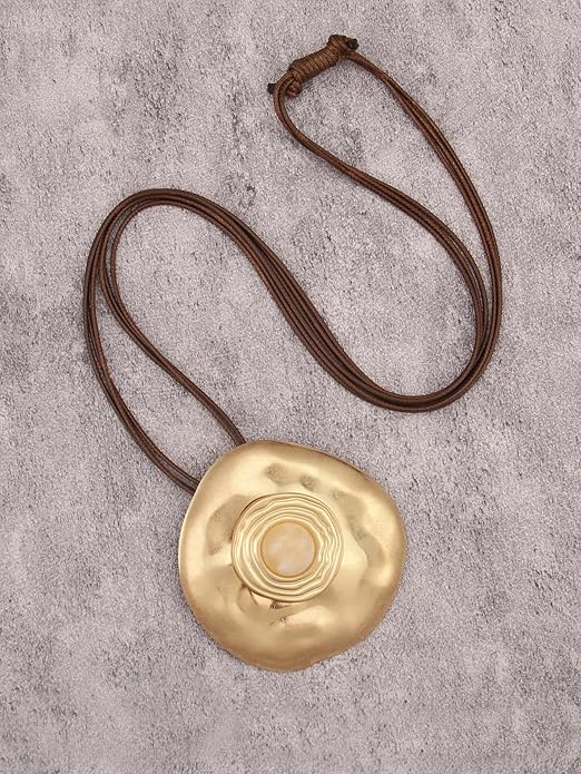 GelConnie Leather Necklace for Women Large Pendant Long Brown Necklace Circle Leather Choker Vintage Sweater Necklace Gold Chunky Boho Necklaces for Women