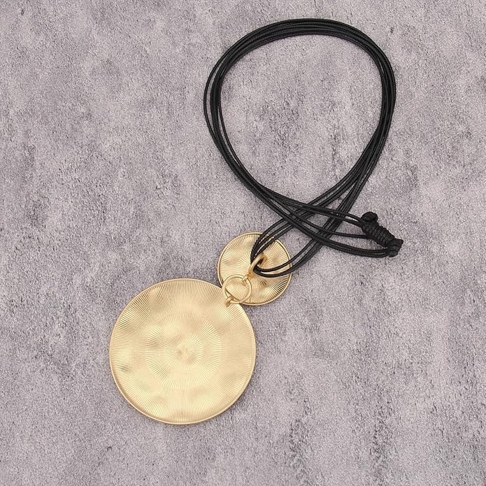 GelConnie Leather Necklace for Women Large Pendant Long Brown Necklace Circle Leather Choker Vintage Sweater Necklace Gold Chunky Boho Necklaces for Women
