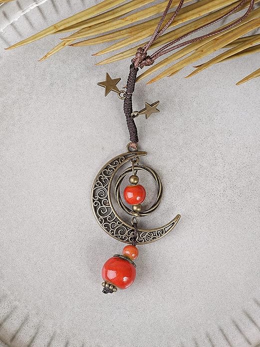 MINACHI Vintage Bohemian Hippie Ceramic Beads Crescent Moon Lariat Necklace, Boho Hippie Statement Jewelry Gift for Women