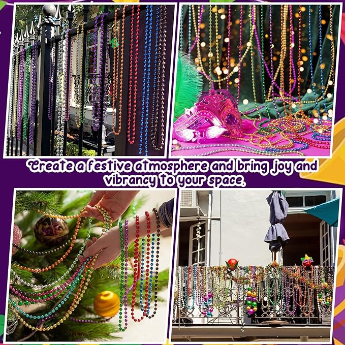 Ecally 600 Pcs Mardi Gras Beads Necklaces Bulk 15 Metallic Colors 33 5mm Party Necklaces Colorful Carnival Parade Beads for Party Favors Costume Accessories Festival Decorations for Men Women