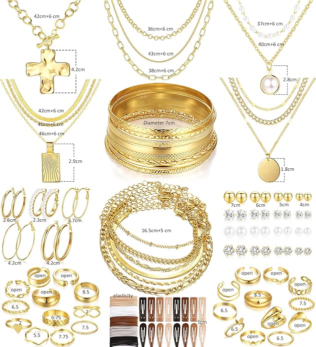 FANDY 137 Pieces Gold Jewelry Set for Women, 12 Necklace, 14 Bracelet, 21 Earrings, 24 Knuckle Rings, 66 Hair Accessory Gold Plated Jewelry Set for Women Gift