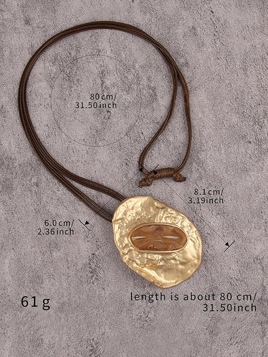 GelConnie Leather Necklace for Women Large Pendant Long Brown Necklace Circle Leather Choker Vintage Sweater Necklace Gold Chunky Boho Necklaces for Women