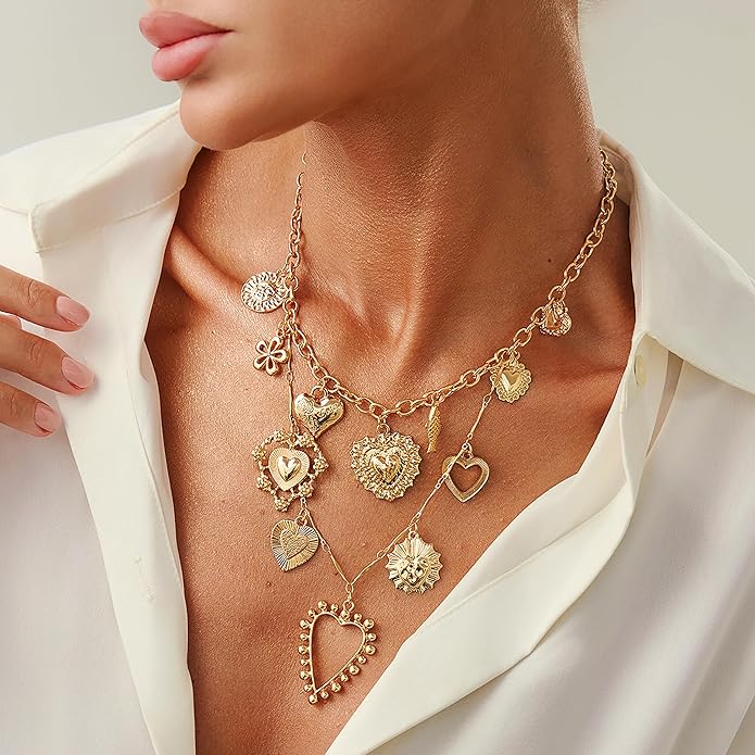 Gold Heart Chunky Charm Necklace for Women with Matching Bracelet, Healing Boho Jewelry Set, Italian Mirror-Polished Alloy, Spiritual Energy Pendant for Meditation, Growth & Inner Strength Gift