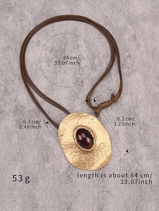 GelConnie Leather Necklace for Women Large Pendant Long Brown Necklace Circle Leather Choker Vintage Sweater Necklace Gold Chunky Boho Necklaces for Women
