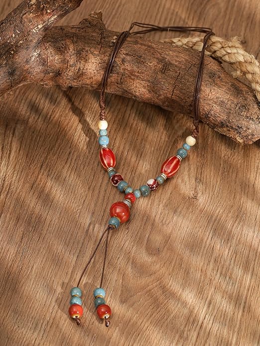 MINACHI Vintage Bohemian Ethnic Colorful Ceramic Bead Long Y Necklace, Hippie Boho Summer Fashion Jewelry Gift for Women