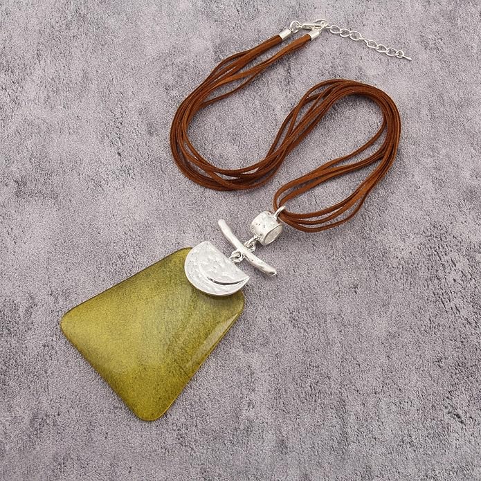 GelConnie Leather Necklace for Women Large Pendant Long Brown Necklace Circle Leather Choker Vintage Sweater Necklace Gold Chunky Boho Necklaces for Women