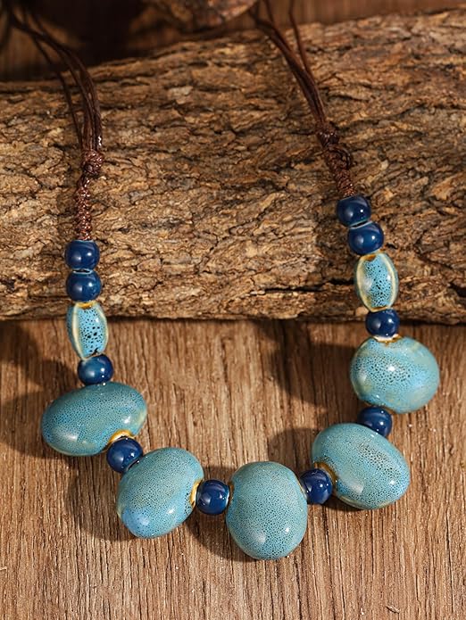 MINACHI Bohemian Hippie Colorful Ceramic Geometric Bead Strand Necklace, Vintage Boho Statement Jewelry Gift for Women