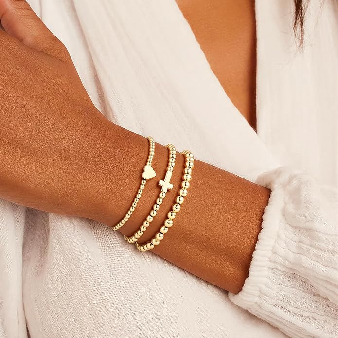 Turandoss Gold Bracelets for Women - Dainty 14K Gold Plated Bow Cross Beaded Bracelets for Women Stackable Heart Bead Bracelet Set Wave CZ Round Ball Bracelet Valentine's Day Gifts for Her