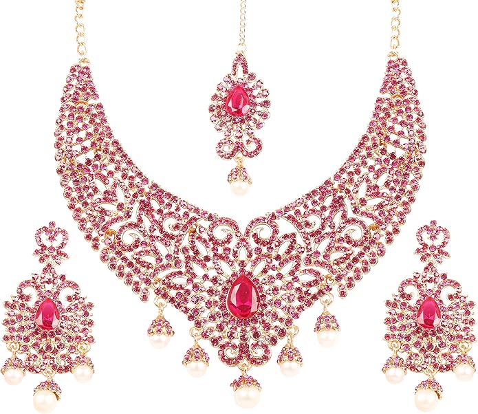 Touchstone Indian jewelry sets for women tikka wedding necklace costume guest statement bollywood rhinestones crystal faux pearls gold big royal neck piece set bridal fashion accessories