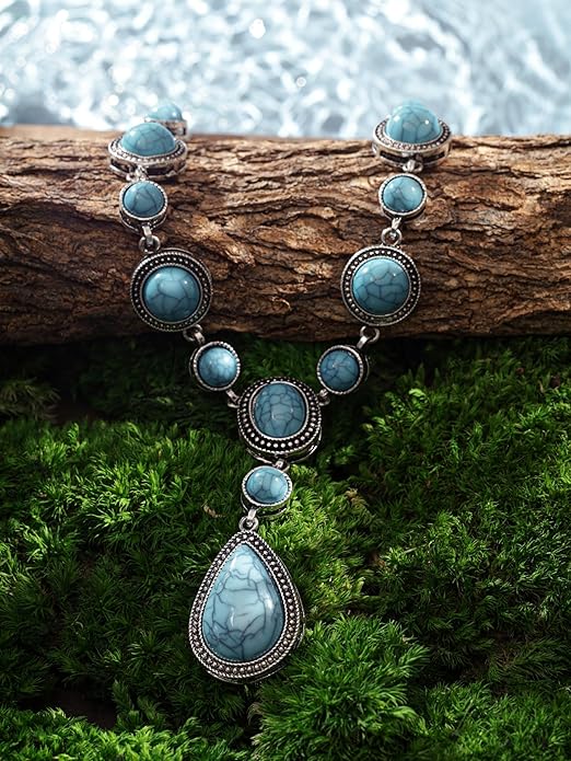 MINACHI Bohemian Created Turquoise Beaded Y-Necklace, Turquoise-toned Multi-shaped Pendant, Dainty Elegant Jewelry for Women