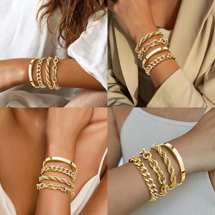 Chunky Gold Bracelets Stack for Women Non Tarnish, Waterproof 14K Gold Plated Bangle Cuff Bracelets Set for Women Trendy Thick Layered Cuban Link Chain Paperclip Rope Stackable Bracelet for Jewelry Gifts