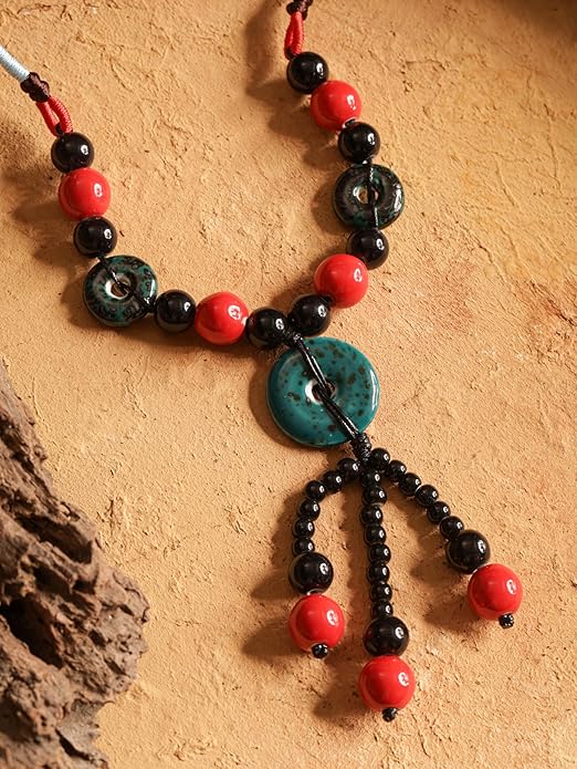MINACHI Boho Hippie Colorful Ceramic Beads Strand O Ring Circle Charm Long Y Necklace, Vintage Bohemian Statement Jewelry Gift for Women