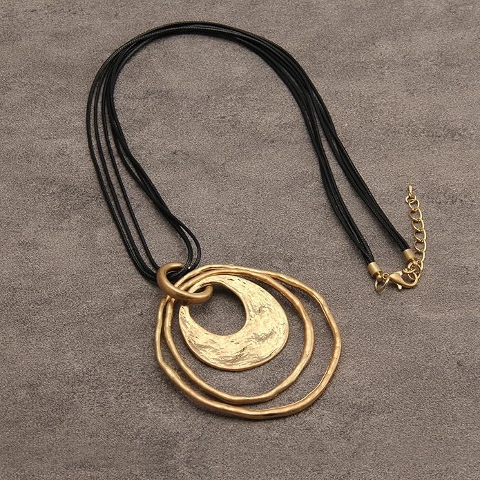 GelConnie Leather Necklace for Women Large Pendant Long Brown Necklace Circle Leather Choker Vintage Sweater Necklace Gold Chunky Boho Necklaces for Women