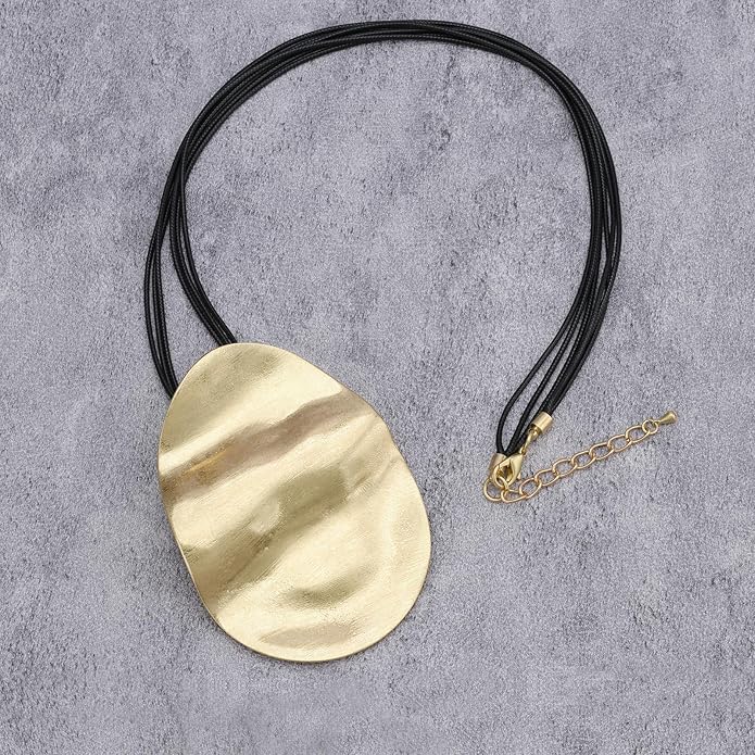 GelConnie Leather Necklace for Women Large Pendant Long Brown Necklace Circle Leather Choker Vintage Sweater Necklace Gold Chunky Boho Necklaces for Women