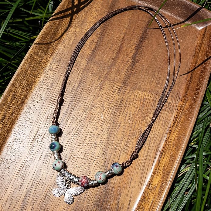 Boho Style Colorful Ceramic Bead Strand Necklace Adjustable Bohemian Jewelry Gift for Women, Fashion Clothing Matching Necklace