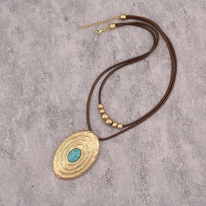 Boho Necklaces for Women Chunky Circle Necklace Layered Boho Circle Leather Choker Necklace Long Vintage Necklaces Bohemian Jewlery Gifts