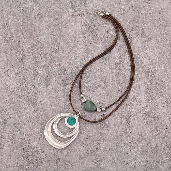 Boho Necklaces for Women Chunky Circle Necklace Layered Boho Circle Leather Choker Necklace Long Vintage Necklaces Bohemian Jewlery Gifts