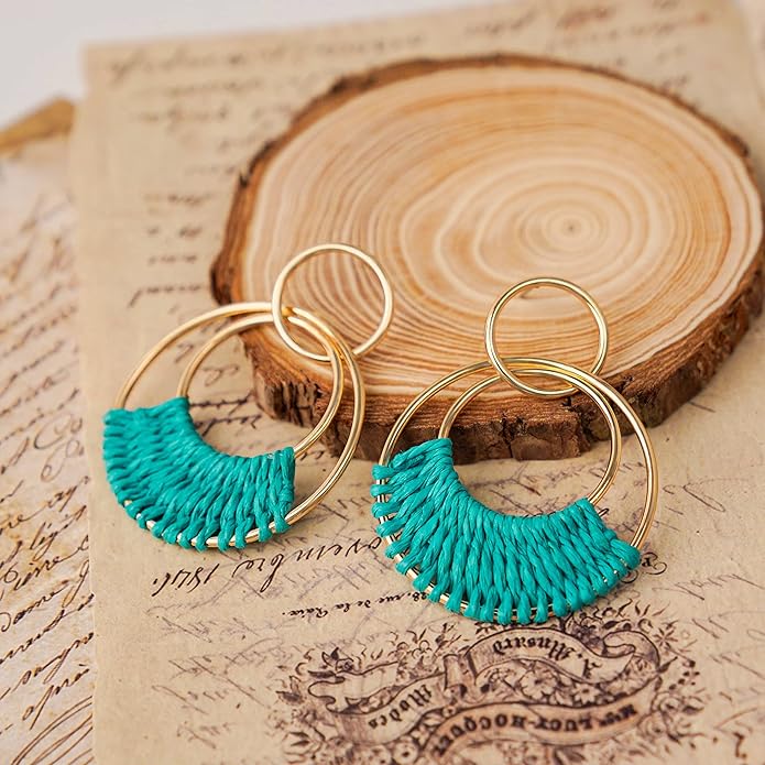 Raffia Hoop Earrings for Women Fun Boho Summer Beach Earrings Lightweight Handmade Straw Wicker Rattan Dangle Earrings Statement Geometric Round Drop Earrings