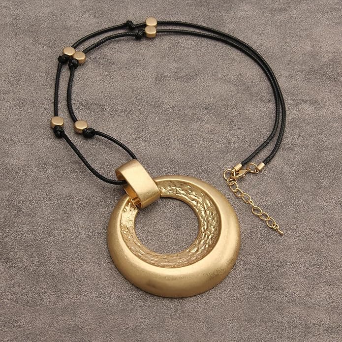 GelConnie Leather Necklace for Women Large Pendant Long Brown Necklace Circle Leather Choker Vintage Sweater Necklace Gold Chunky Boho Necklaces for Women