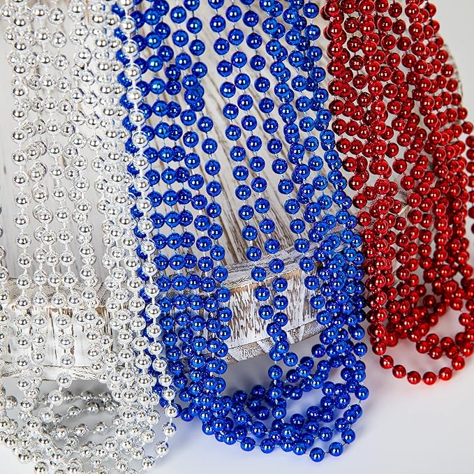 4th of July Accessories, 144PCS Independence Day Bead Necklaces, Metallic Patriotic Red Blue White Necklace, 4th of July Necklace for Memorial Day Patriotic Parades Party Favors Supplies